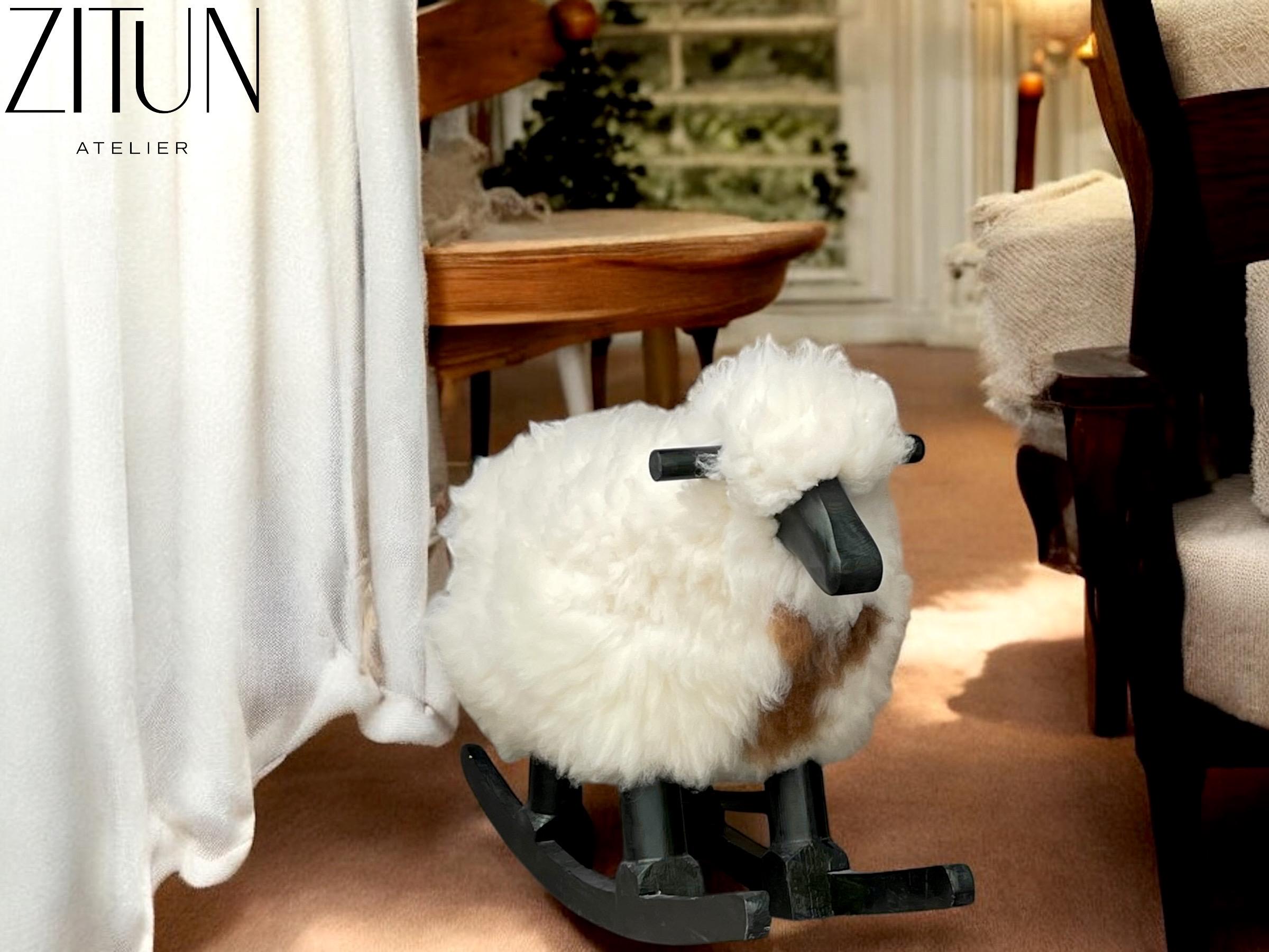 Sheep Rocking Chair, Sheep with Real Wool and Red Wood, Nursery Decorative Sheep Rocking chair |  Unique Gift Idea| Authentic Sheep Fleece - Thumbnail 3