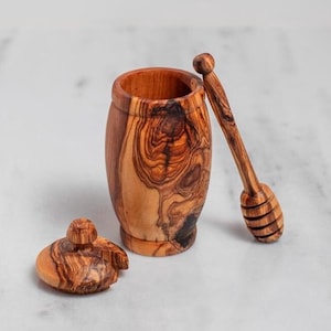 Handcrafted Olive Wood Honey Jar Set - Honey Pot with Honey Dipper - Rustic Beauty Meets Everyday Functionality - Artisan Pot for Home Use