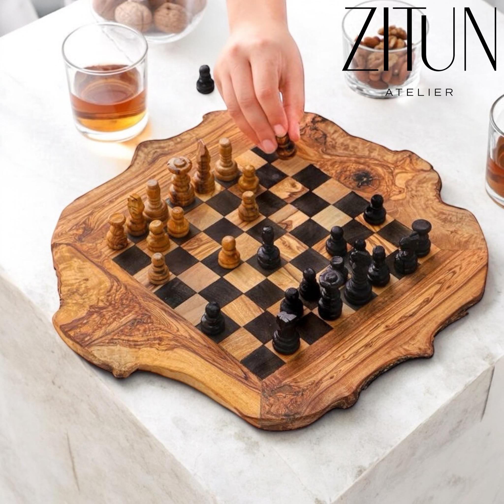 Handmade Olive Wood Chess Board | Rustic Premium Mediterranean Olive Wood Board - Thumbnail 6