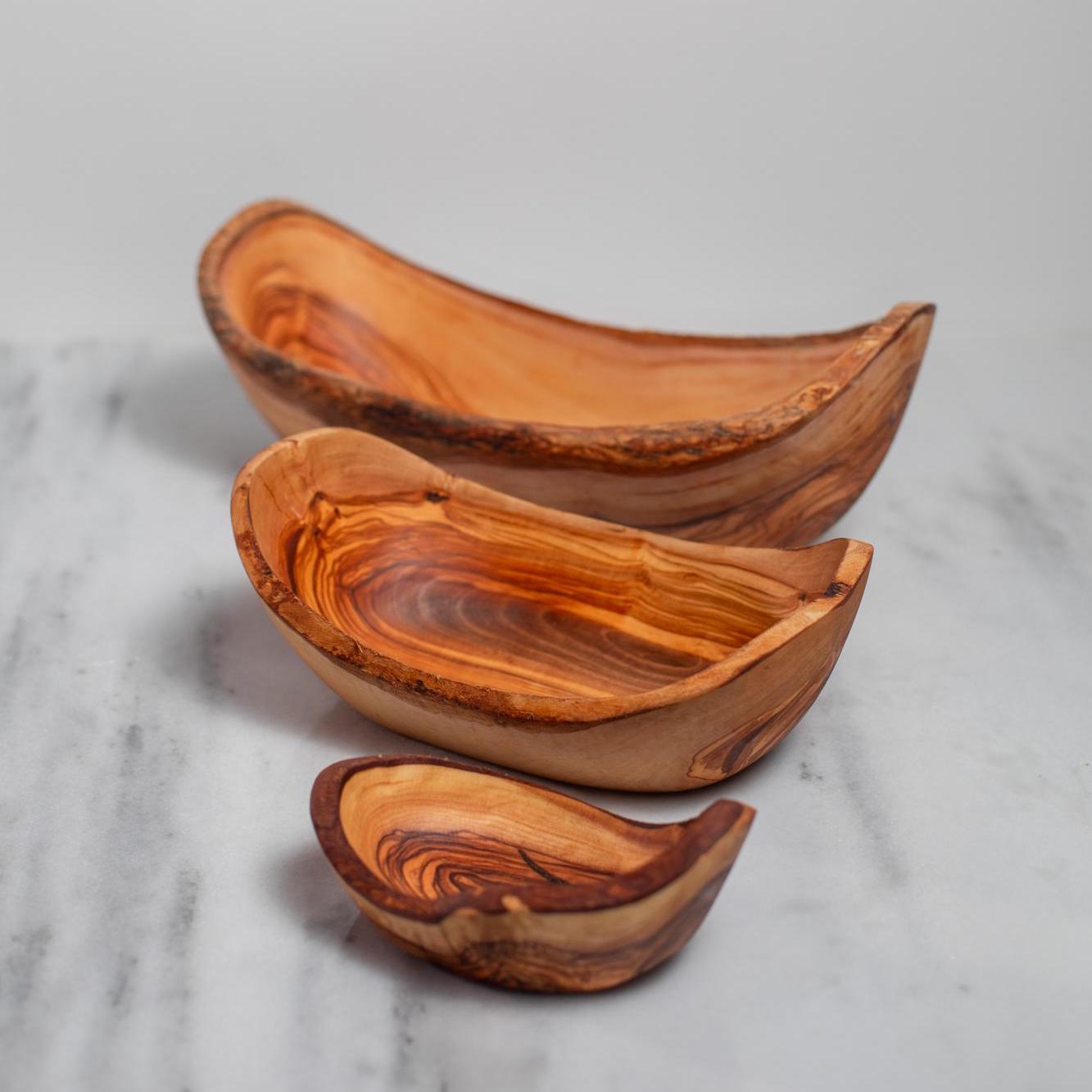 Set of 3 Olive Wood Nesting Boat Bowls –  Handmade  Rustic Canoe – Shaped Serving Dish – Natural Wood Serving Tray – Artisan Tableware Gift - Thumbnail 5