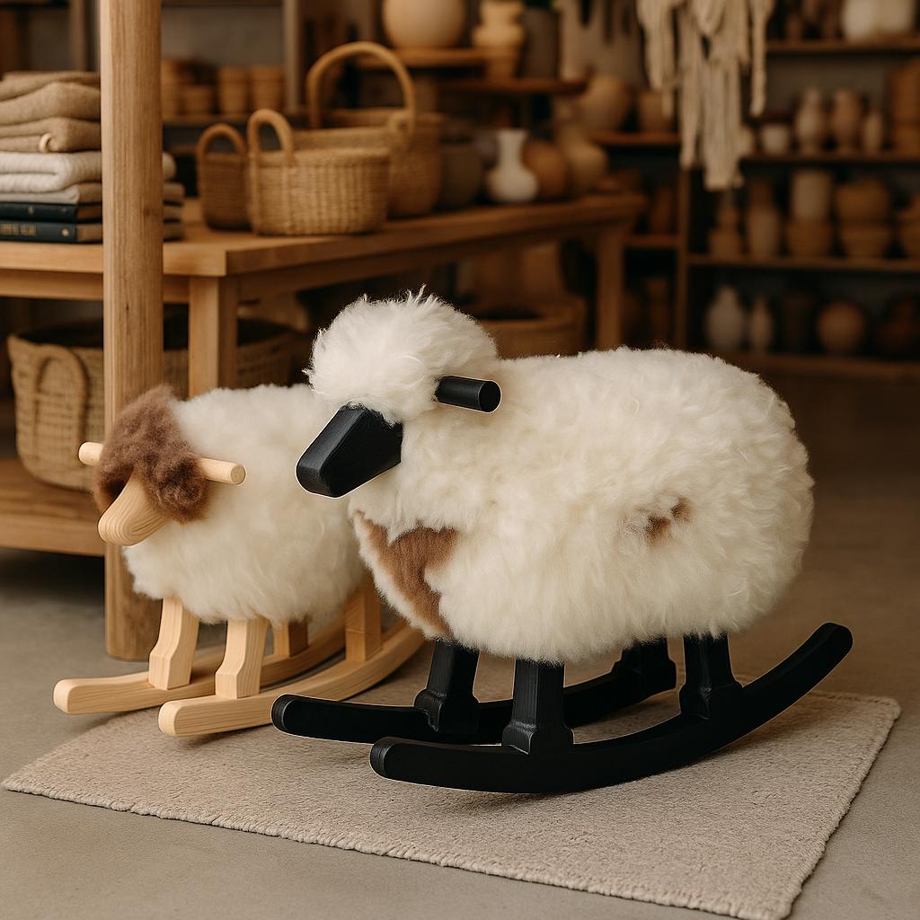 Handmade Sheepskin Wooden Rocking Sheep – Luxury Nursery Decor - Thumbnail 2