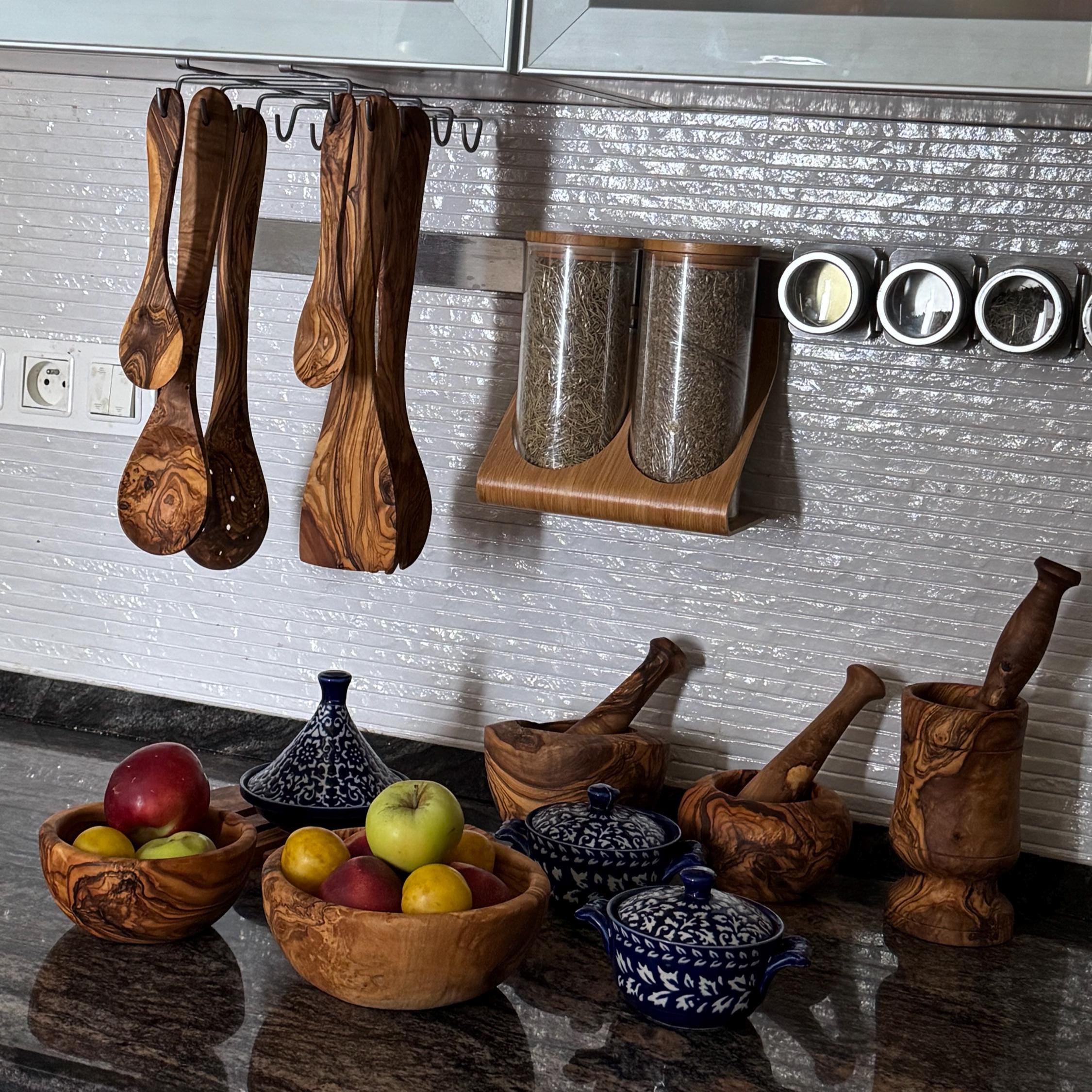 Handmade Olive Wood Utensil Set with Holder – Rustic Kitchen Tools - Thumbnail 5