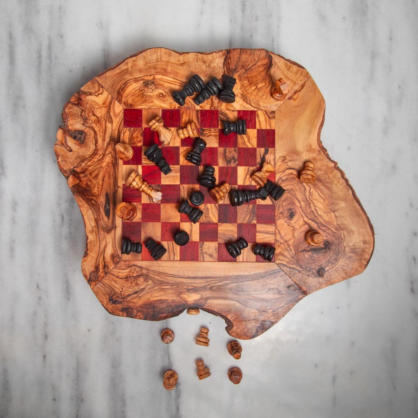 Handmade Olive Wood Chess Table – Red & Beige Squares – Game Table with Storage – Rustic Short-Leg Design – 3 Sizes - Thumbnail 4