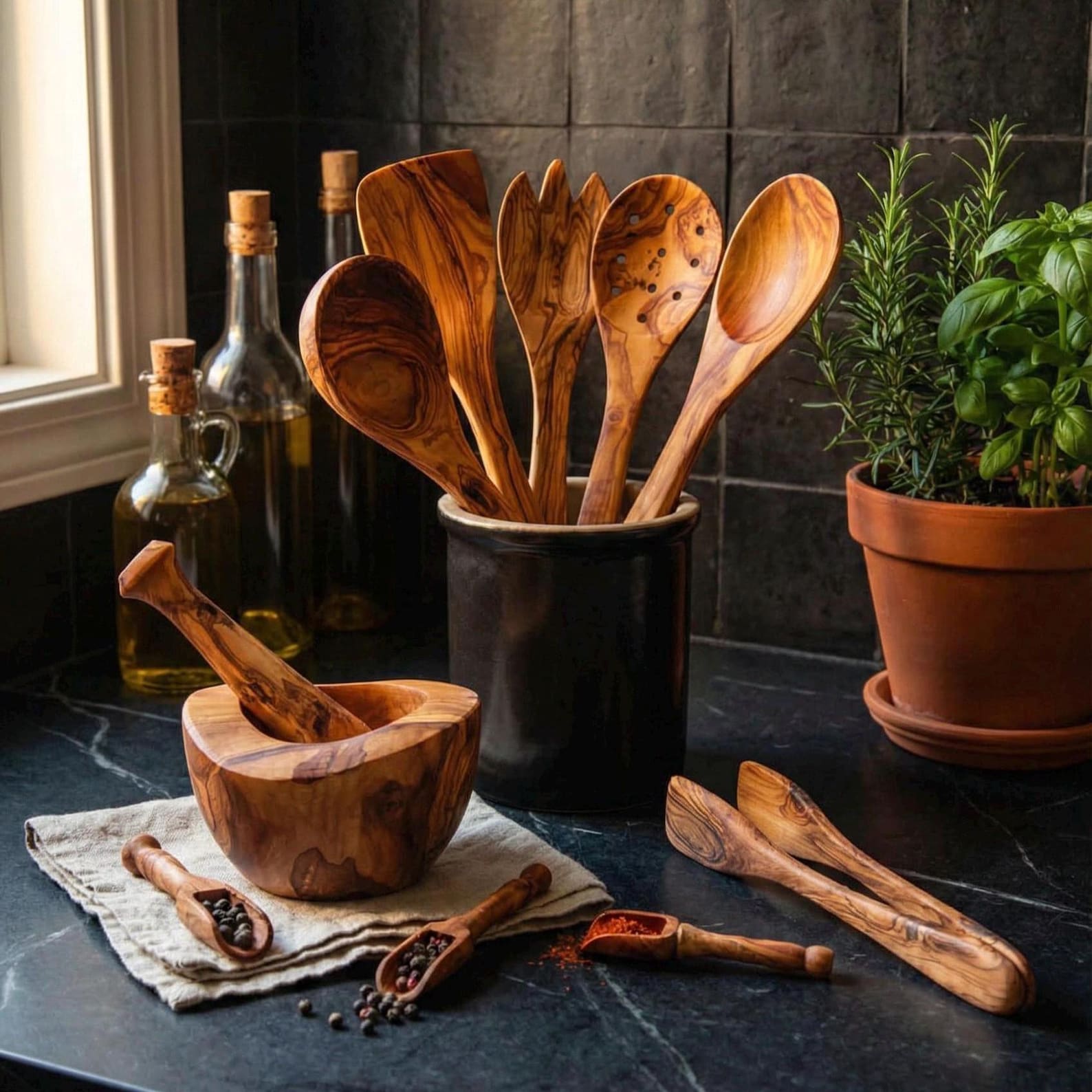 Natural Olive Wood Kitchen Utensil Set – Rustic Handmade Olive Wood Tools for Organic Cooking, Eco Friendly Gift