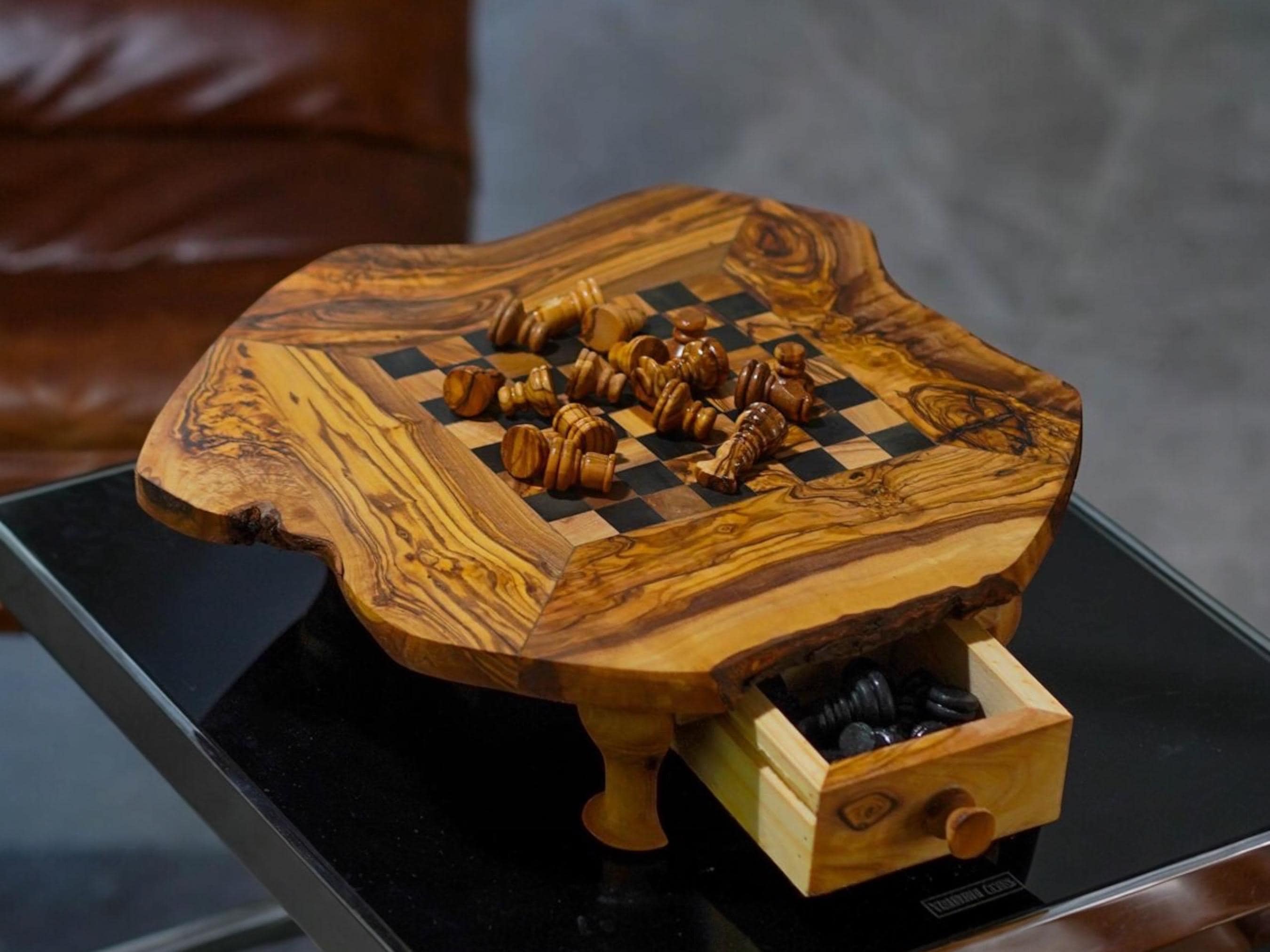 Rustic Chess Board with Storage and Pieces; Handmade Premium Olive Wood Board Game| Unique Gift for Chess Lovers| Wood Home| Red Chess Board - Thumbnail 2