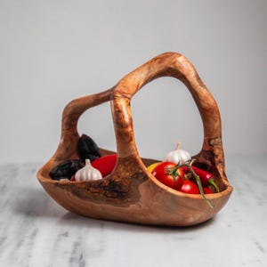 Olive Wood Fruit Bowl with Handle, Sculptural Live Edge Basket, Rustic Kitchen Centerpiece, Handmade Mediterranean Decor