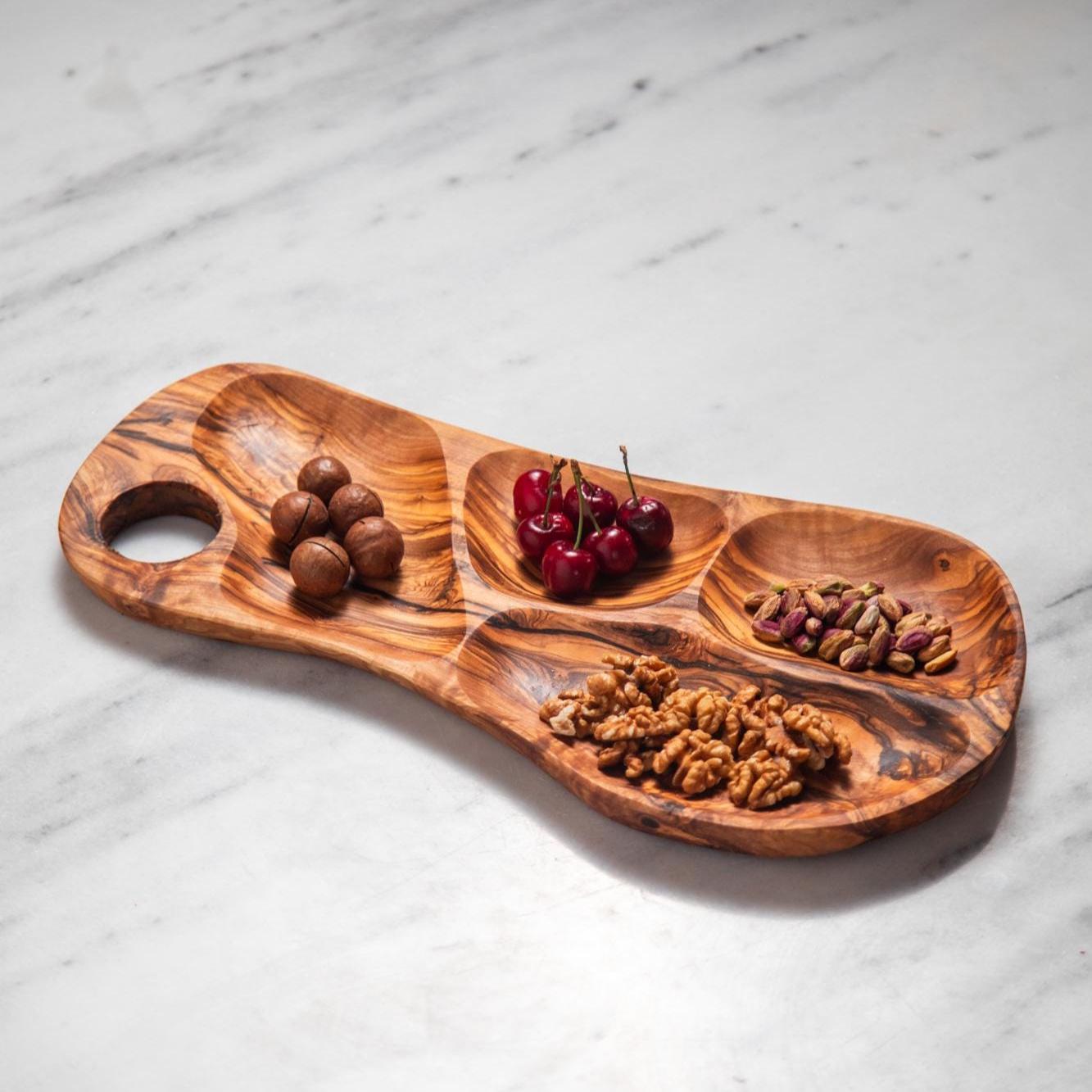 Olive Wood 4 Section Appetizer Tray for Nuts Fruits Snacks Dips Charcuterie | Rustic Handmade Segmented Serving Board for USA Kitchens - Thumbnail 6