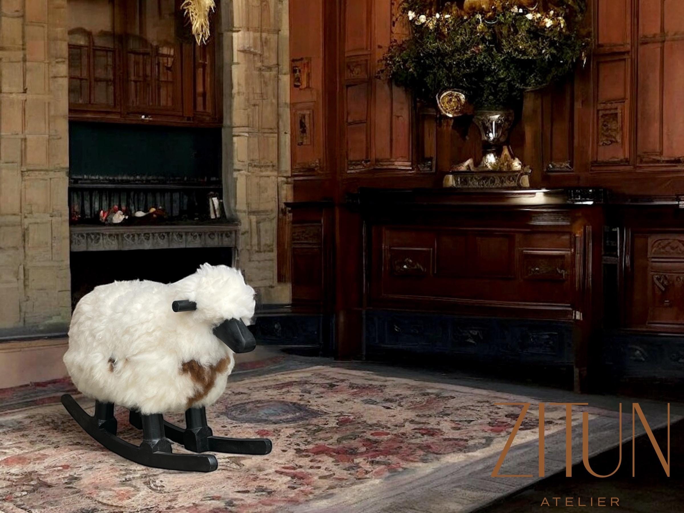 Sheep Rocking Chair, Sheep with Real Wool and Red Wood, Nursery Decorative Sheep Rocking chair |  Unique Gift Idea| Authentic Sheep Fleece - Thumbnail 6