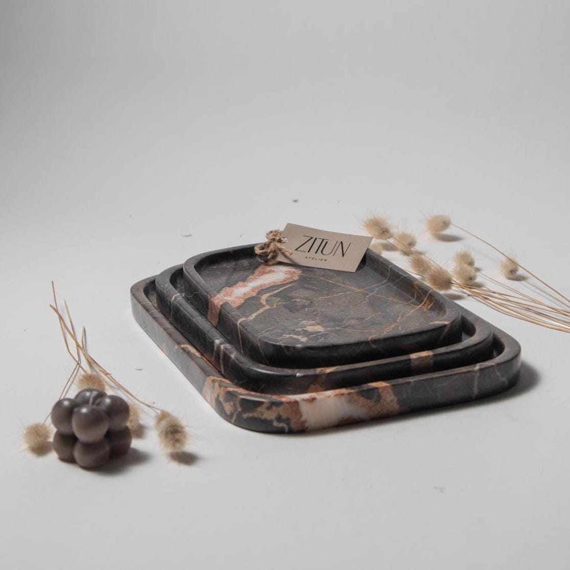 Gray Marble Tray – Handmade Natural Stone Vanity and Bathroom Organizer - Thumbnail 3