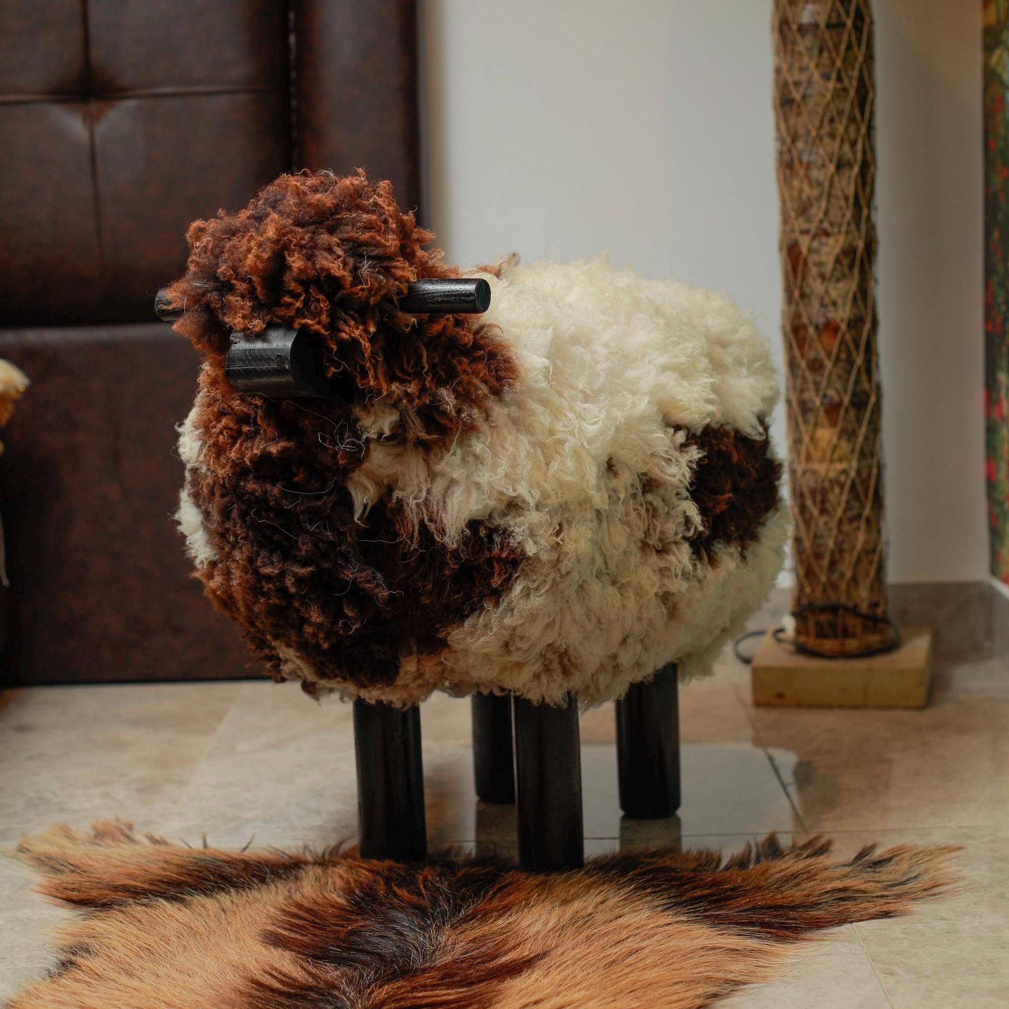 Handmade Sheep Stool: Wooden & Sheepskin Decorative Chair - Thumbnail 3
