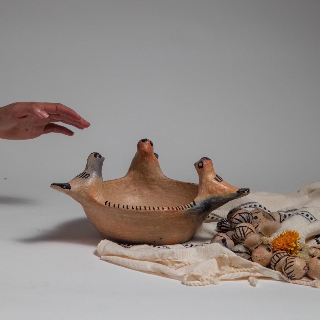 Handmade Pottery Bird Bowl – North African Ceramic Dish, 6-inch - Thumbnail 4