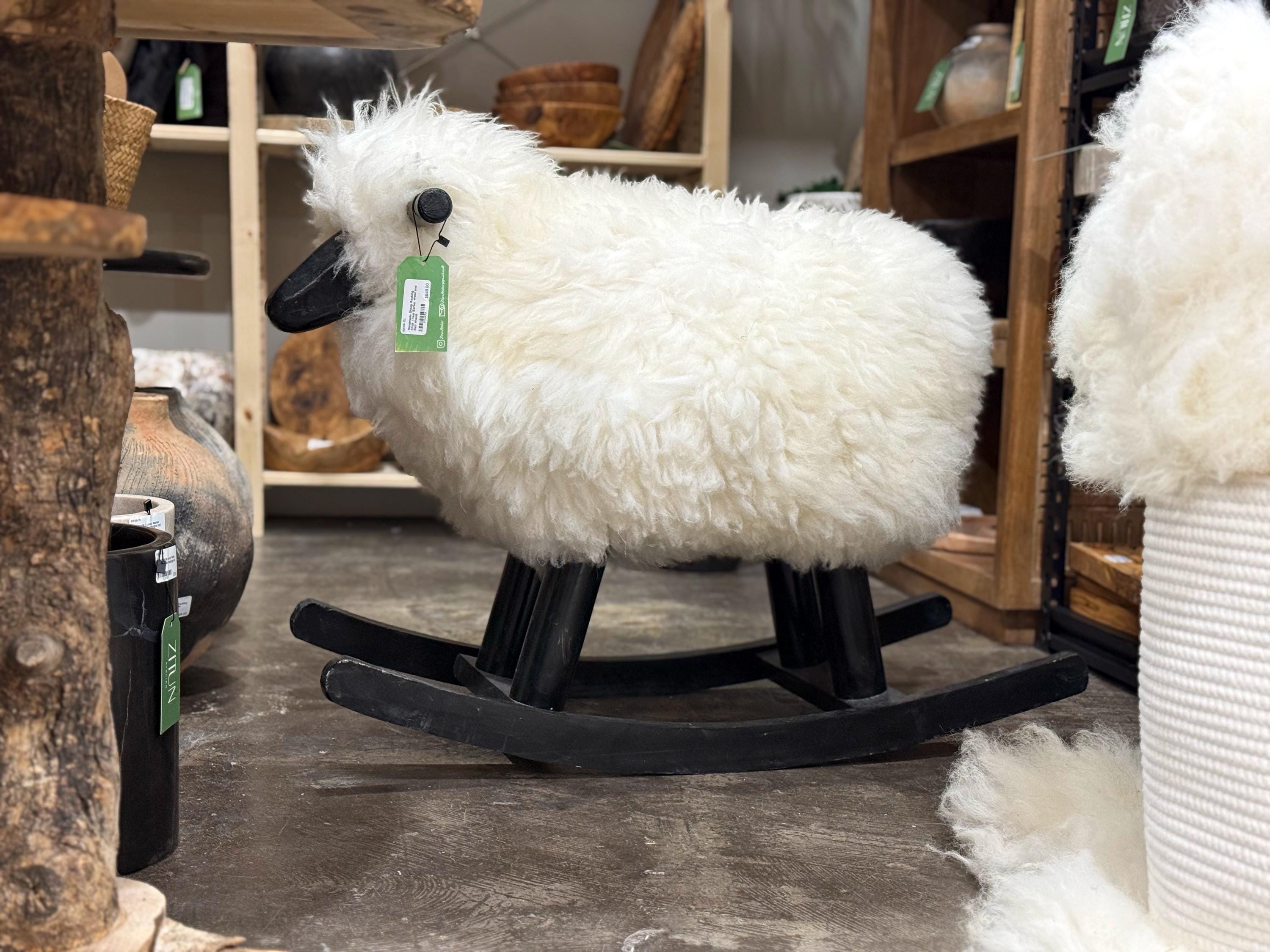 Sheep Rocking Chair, Sheep with Real Wool and Red Wood, Nursery Decorative Sheep Rocking chair |  Unique Gift Idea| Authentic Sheep Fleece - Thumbnail 5