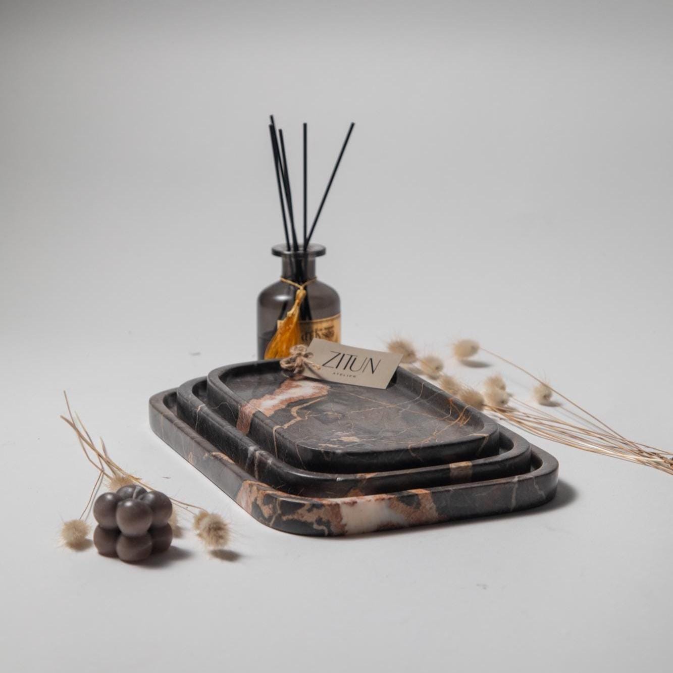 Gray Marble Tray – Handmade Natural Stone Vanity and Bathroom Organizer - Thumbnail 6