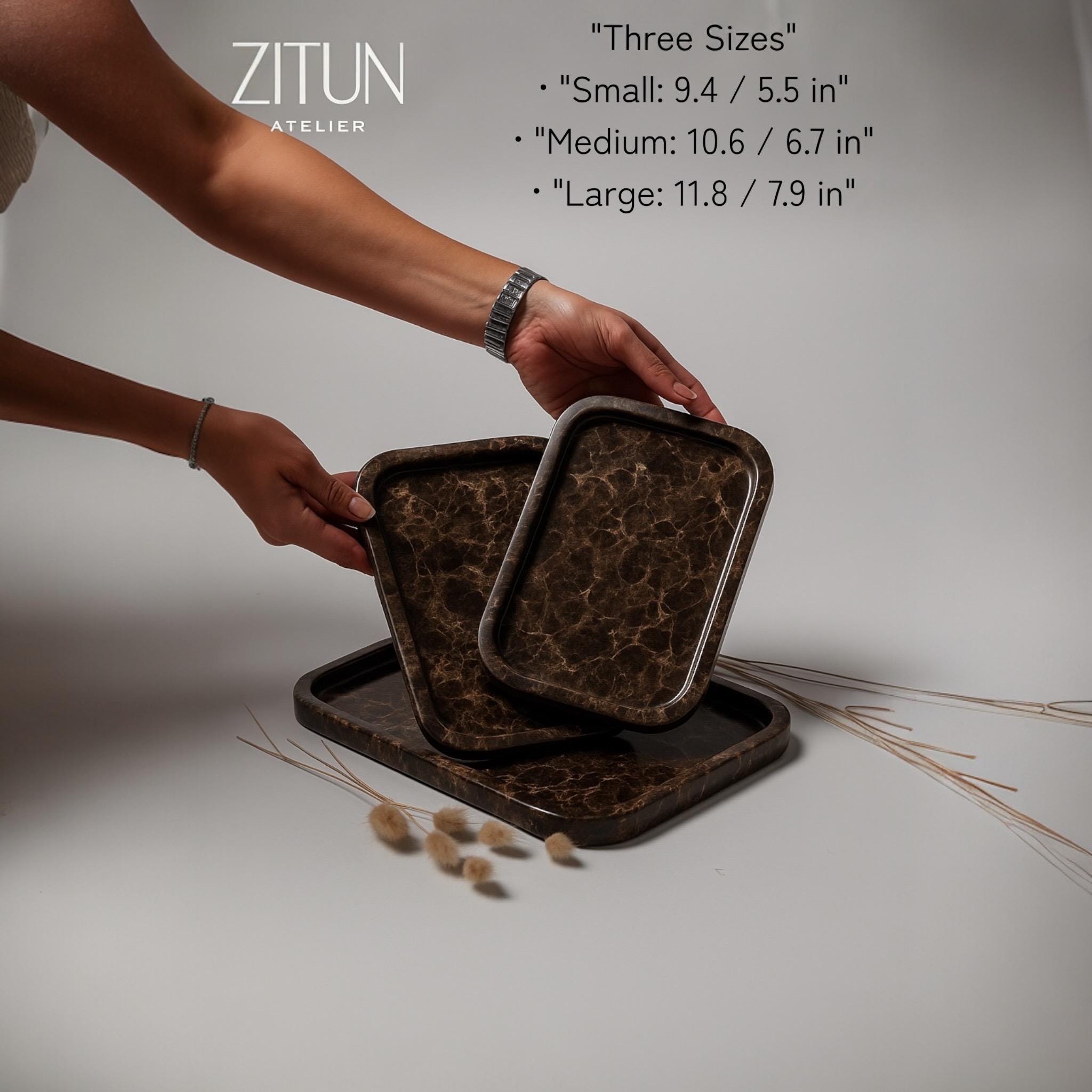 Dark Brown Marble Tray – Handmade Natural Stone Vanity and Bathroom Organizer - Thumbnail 2