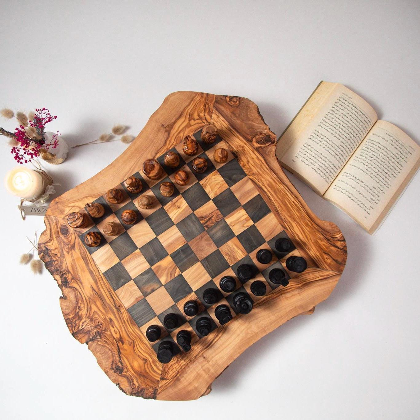 Handmade Olive Wood Chess Set: Rustic Board Game with Riser - Thumbnail 7