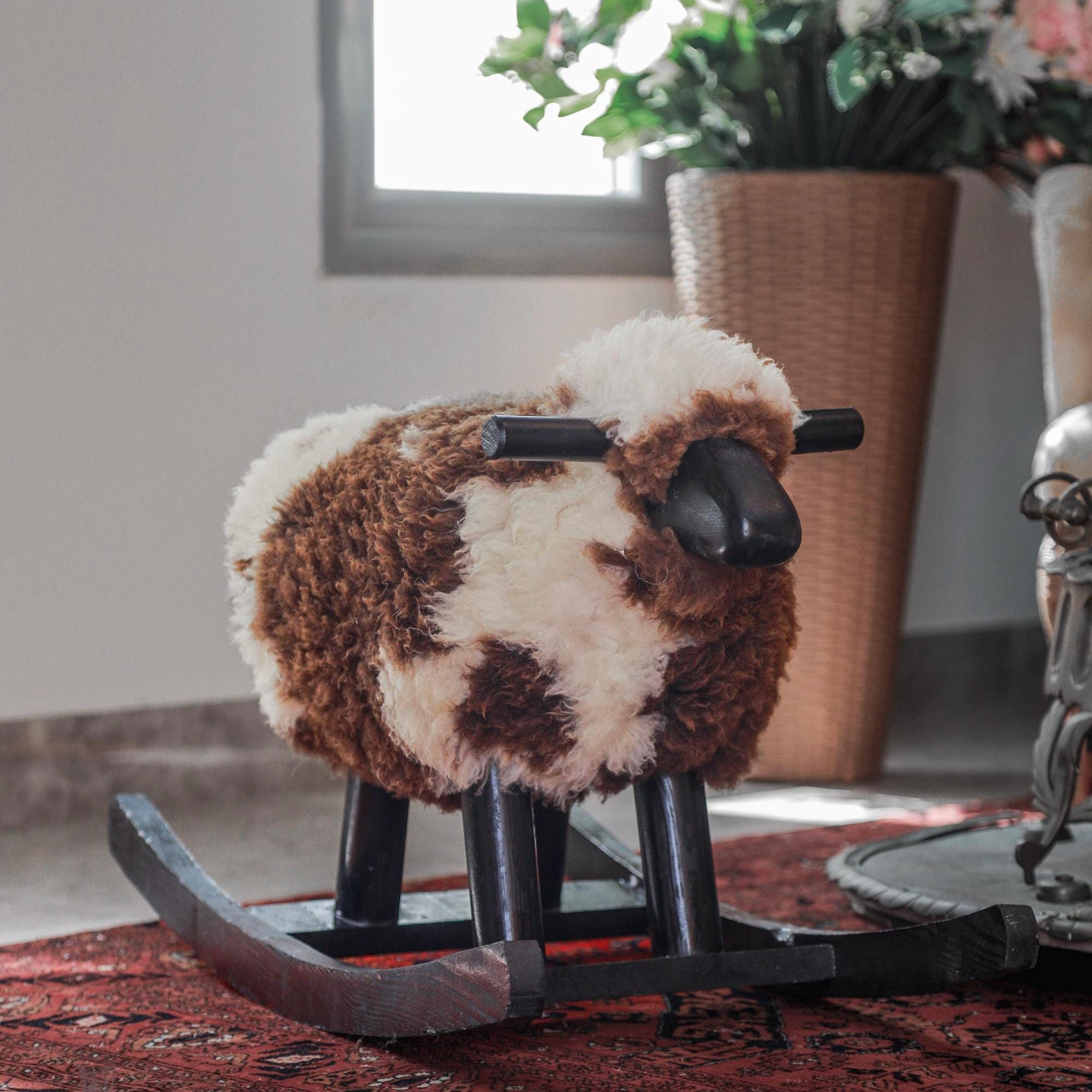 Handmade Sheepskin Wooden Rocking Sheep – Luxury Nursery Decor - Thumbnail 3