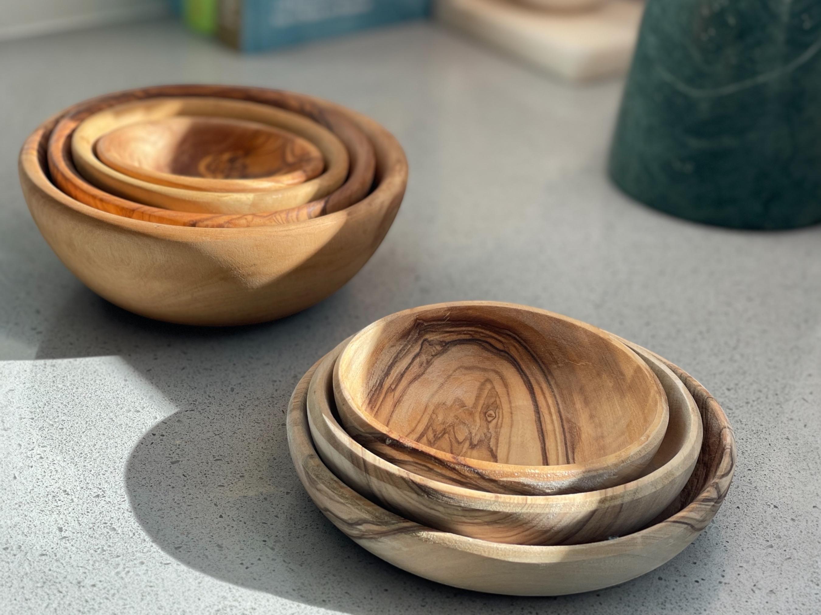 Hand-Carved Olive Wood Nesting Bowls & Plates (5.12" Largest) - Premium Olive Wood, Rustic Kitchen Decor, Serving Bowls, Gift Idea - Thumbnail 2