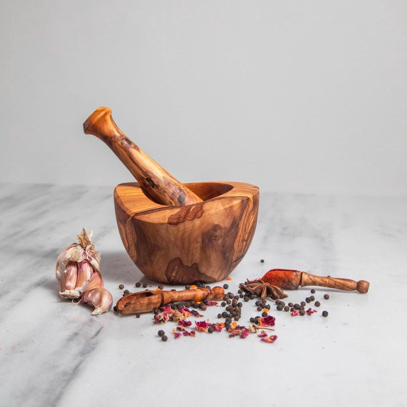 Handmade Olive Wood Mortar and Pestle – Rustic Kitchen Decor - Thumbnail 7