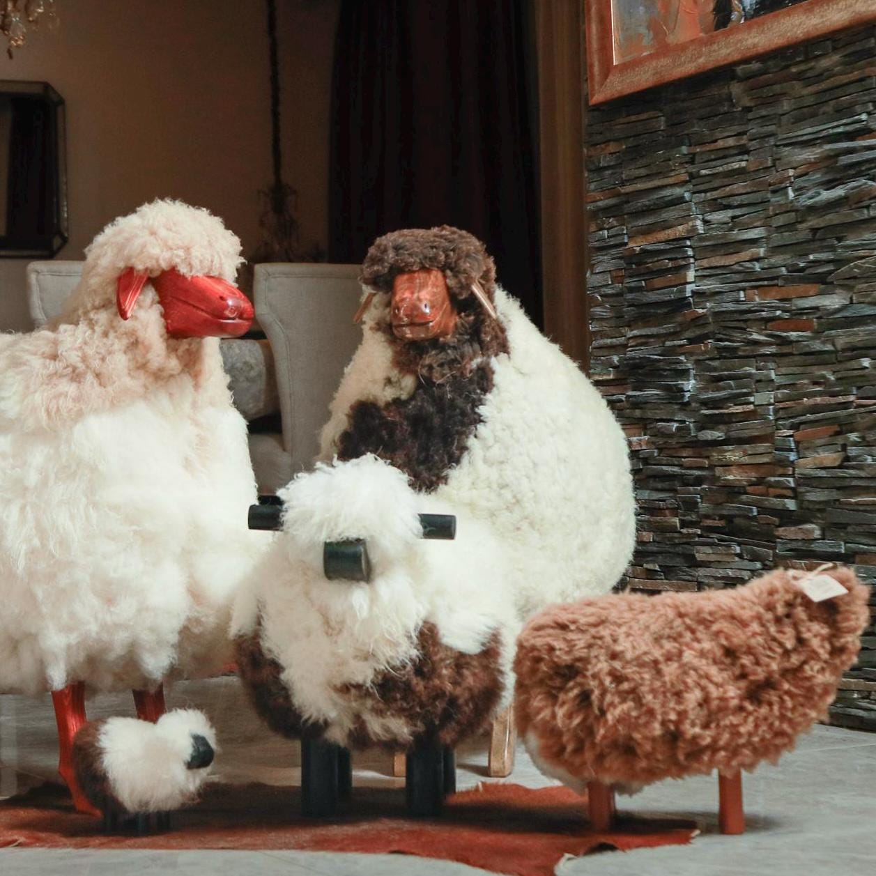 Handmade Sheep Stool: Wooden & Sheepskin Decorative Chair - Thumbnail 4