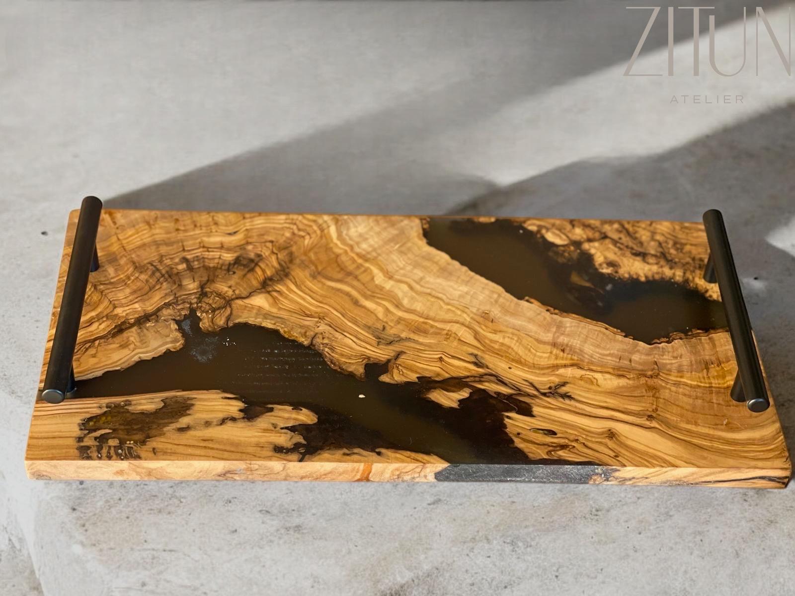 Serving Tray –Olive Wood & Black Resin Tray -Handmade Mediterranean Tray | Olive Wood Decor | Resin Inlay -Handcrafted Elegance - Thumbnail 2