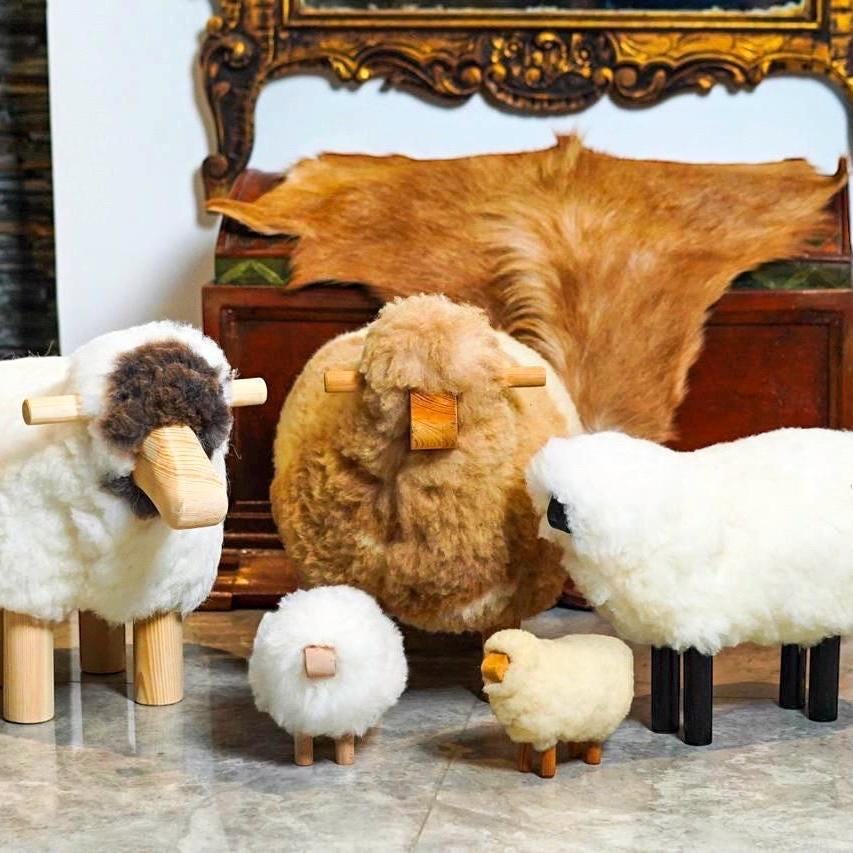 Handmade Sheep Stool: Wooden & Sheepskin Decorative Chair - Thumbnail 7