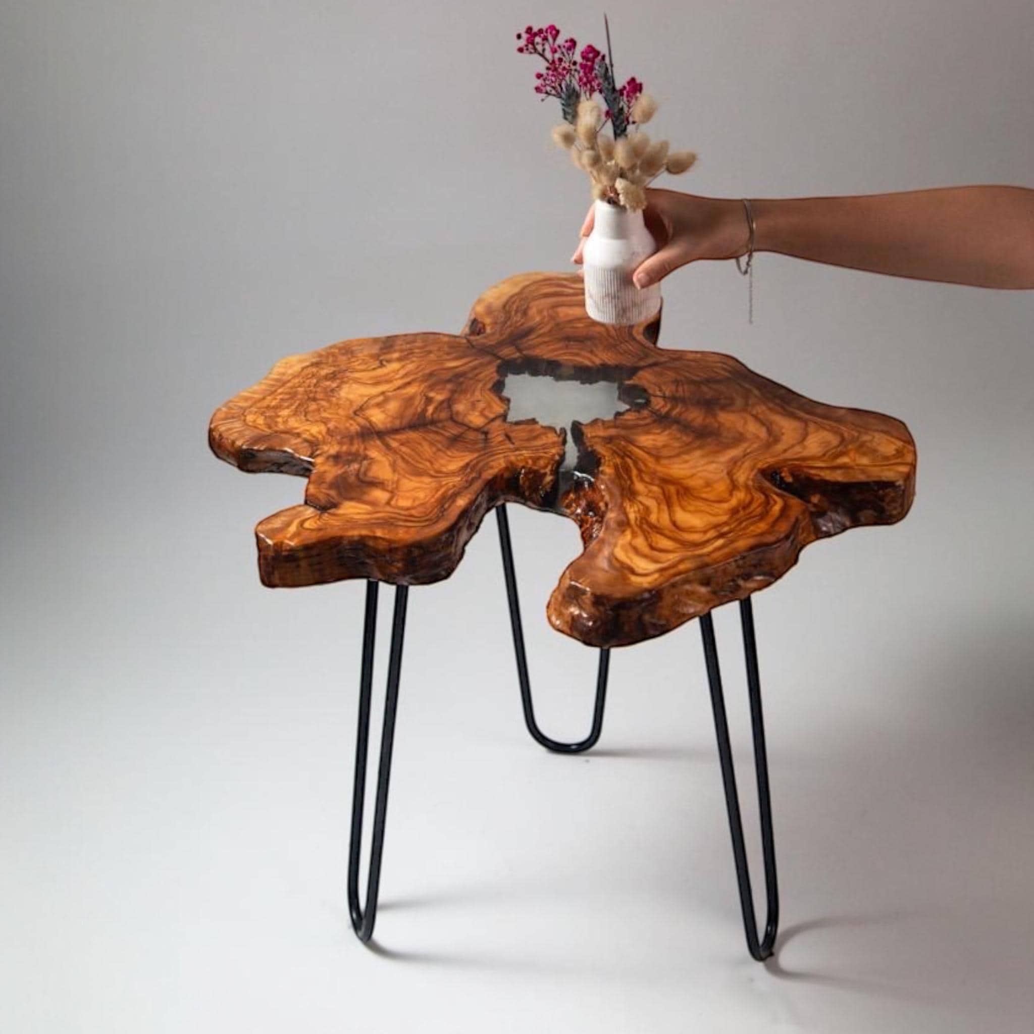 Handmade Olive Wood Live Edge Coffee table with Resin, Unique coffee table,  Natural Olive Tree Solid Wood Side Table - Image 1