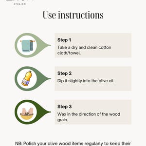 May include: Instructions for olive wood care, featuring the "ZITUN ATELIER" logo. Steps include using a clean cloth, olive oil, and waxing in the direction of the wood grain. The text advises regular polishing for brightness.