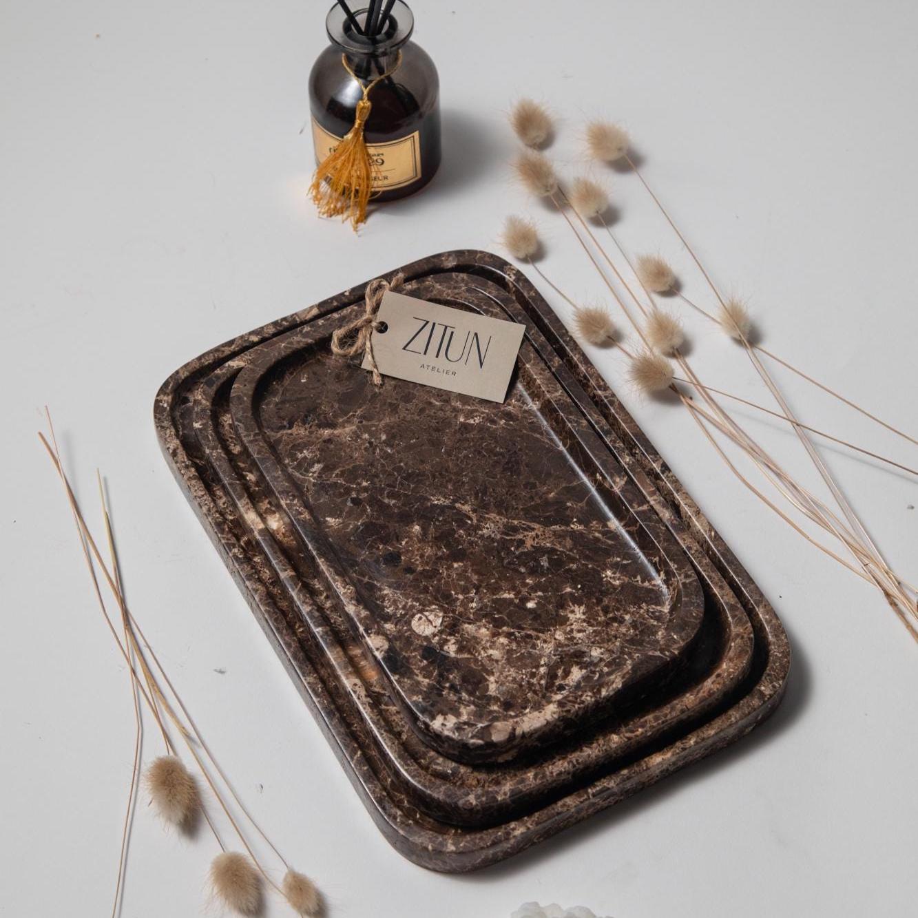 Dark Brown Marble Tray – Handmade Natural Stone Vanity and Bathroom Organizer - Thumbnail 3