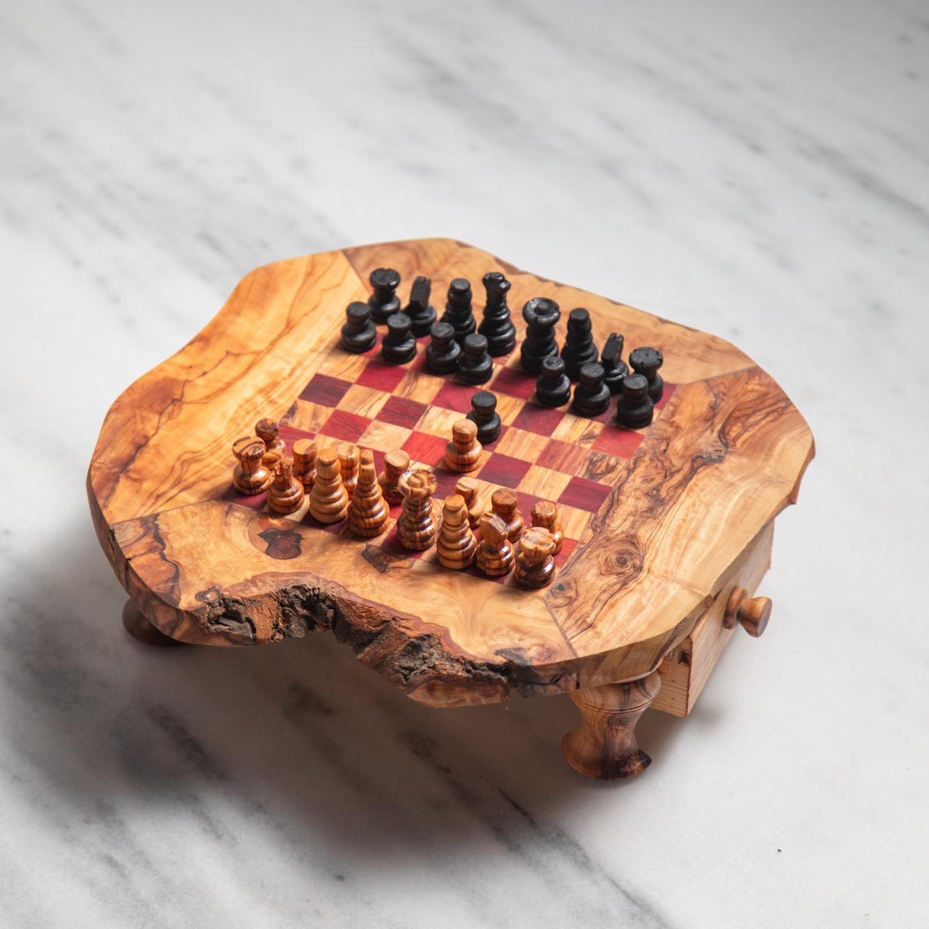 Handmade Olive Wood Chess Table – Red & Beige Squares – Game Table with Storage – Rustic Short-Leg Design – 3 Sizes - Thumbnail 6