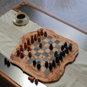 Handmade Olive Wood Chess Board - Rustic Natural Grain Wooden Game Board with Carved Pieces - Luxury Board Game with Carved Chess Pieces