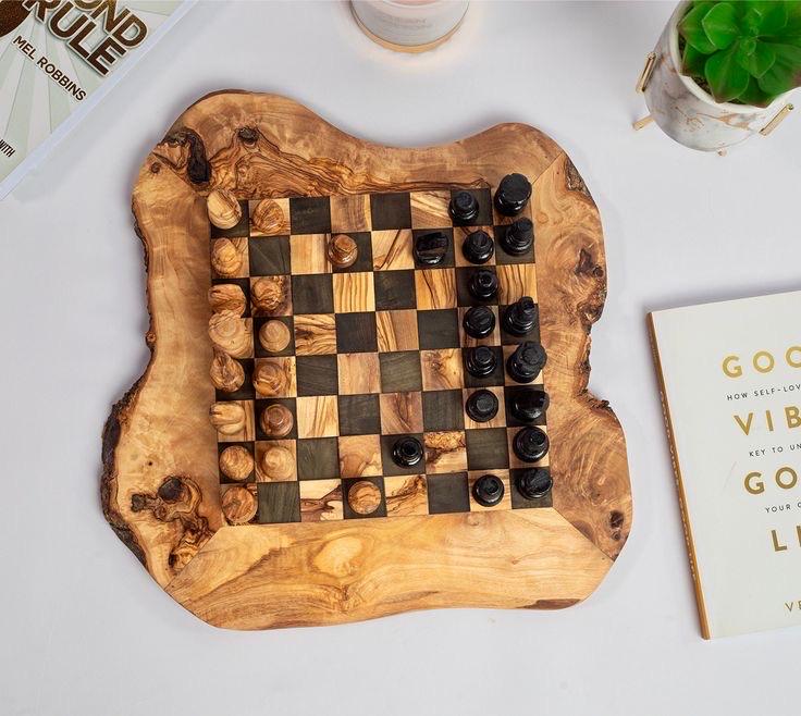 Handmade Olive Wood Chess Board | Rustic Premium Mediterranean Olive Wood Board - Thumbnail 4