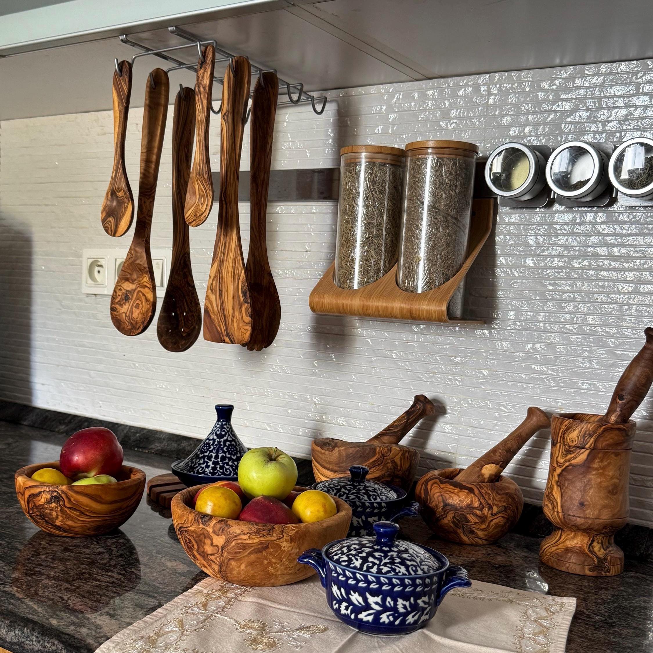 Handmade Olive Wood Utensil Set with Holder – Rustic Kitchen Tools - Thumbnail 3