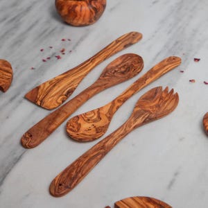 Handmade Olive Wood Cooking Utensil Set - Artisan Wooden Spoon Fork Spatula Bundle - Eco Friendly Mediterranean Kitchen Gift