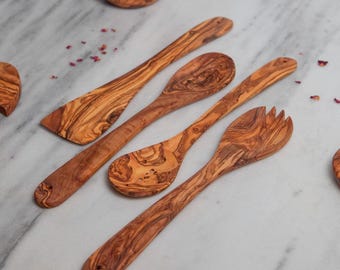 Handmade Olive Wood Cooking Utensil Set - Artisan Wooden Spoon Fork Spatula Bundle - Eco Friendly Mediterranean Kitchen Gift