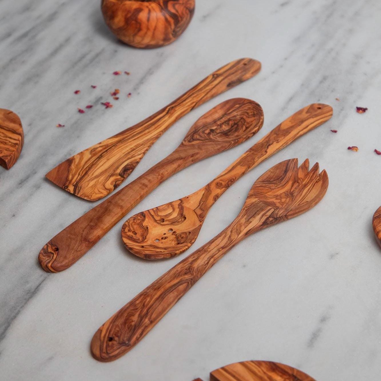 Handmade Olive Wood Utensil Set with Holder – Rustic Kitchen Tools