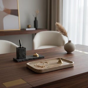 Handcrafted Natural Travertine Tray – Marble-Style Bathroom Organizer – Artisan Stone Décor Piece
