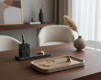 Handcrafted Natural Travertine Tray – Marble-Style Bathroom Organizer – Artisan Stone Décor Piece