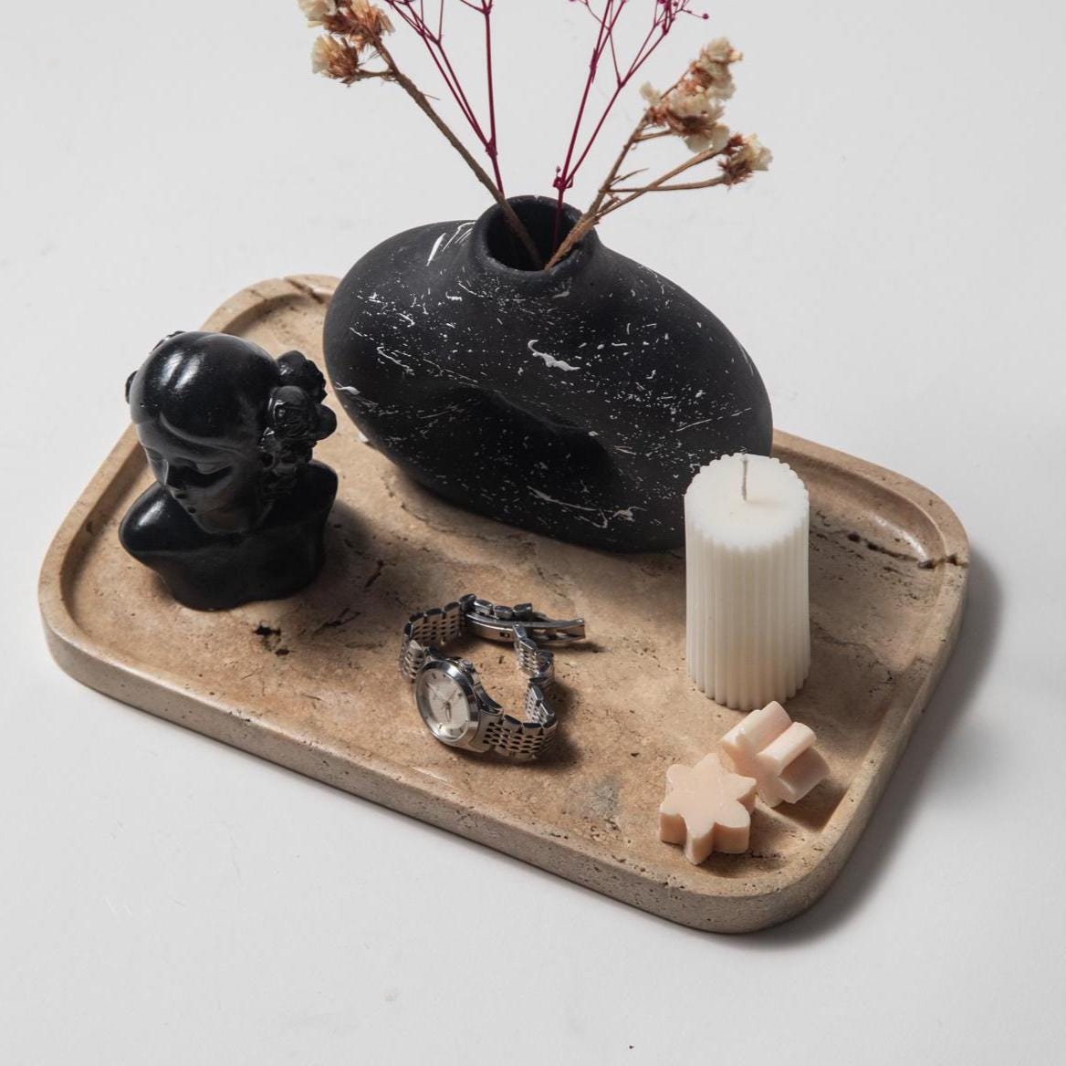 Beige earth tone Marble Tray – Handmade Natural Stone Vanity and Bathroom Organizer - Thumbnail 4