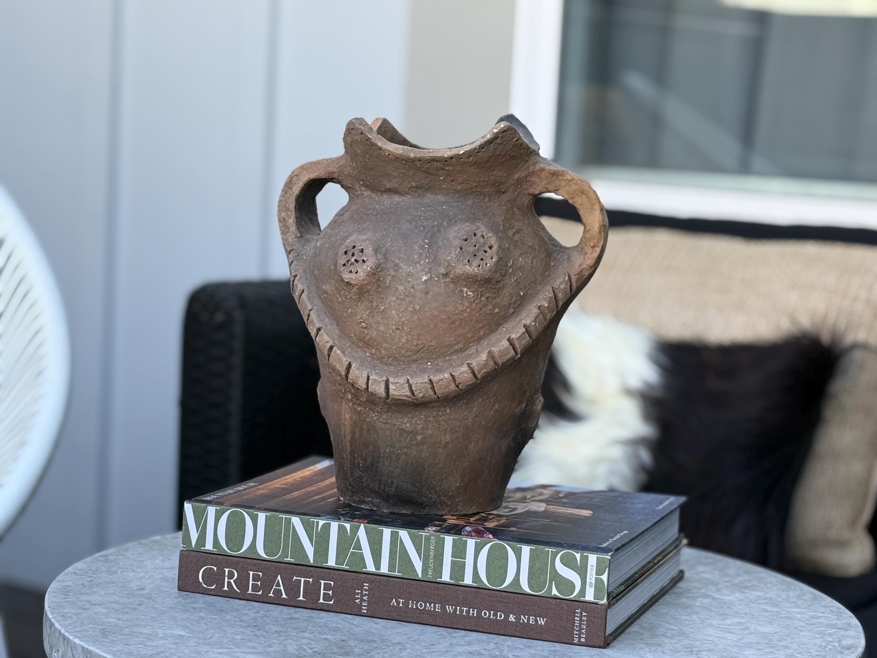 Hand-Carved Terracotta Vessel: Rustic Boho Figural Art Vase, Primitive, Wabi-Sabi Decor - Thumbnail 4