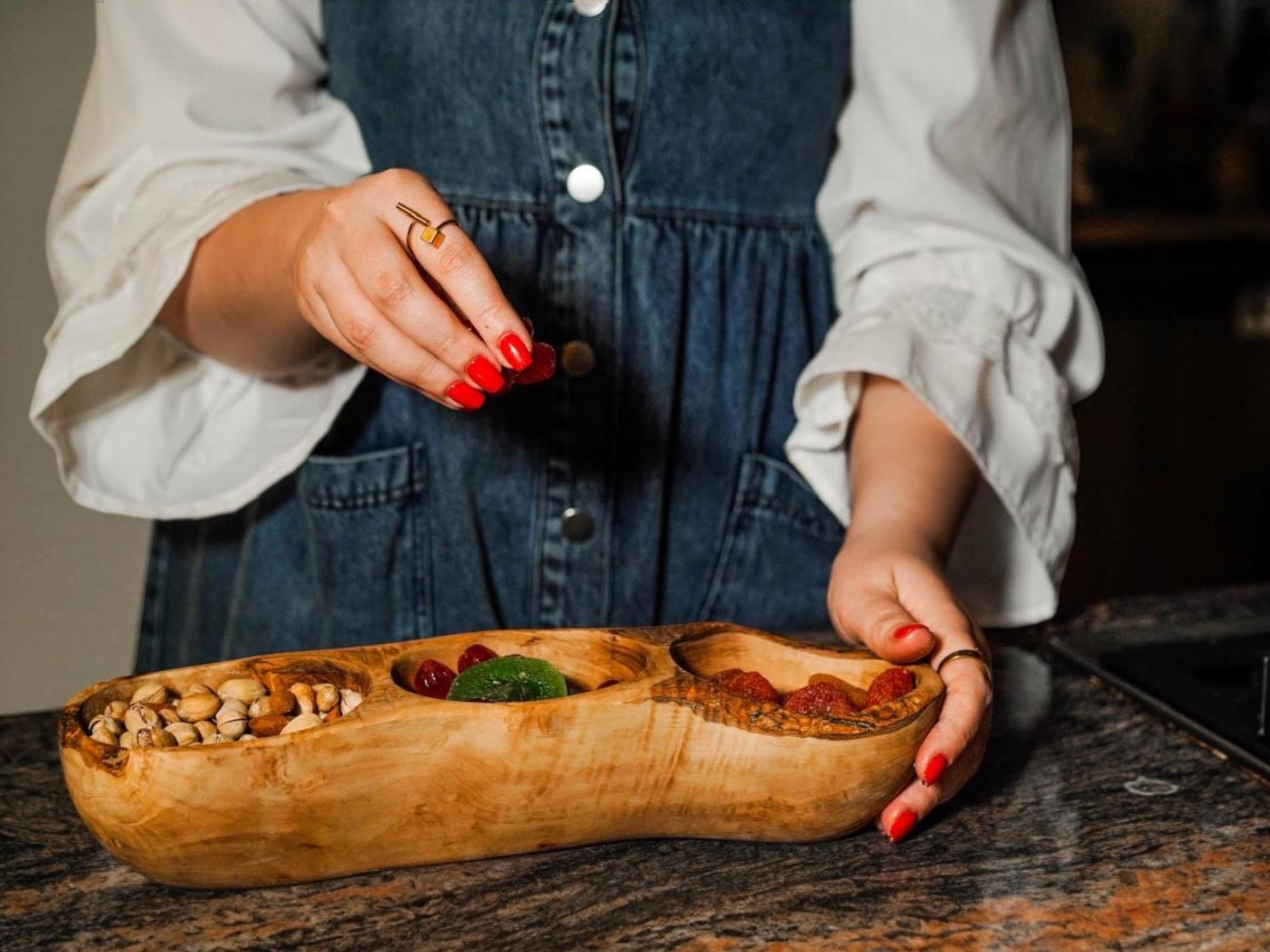 Handcrafted Olive Wood Divided Serving Tray – Rustic Snack Bowl