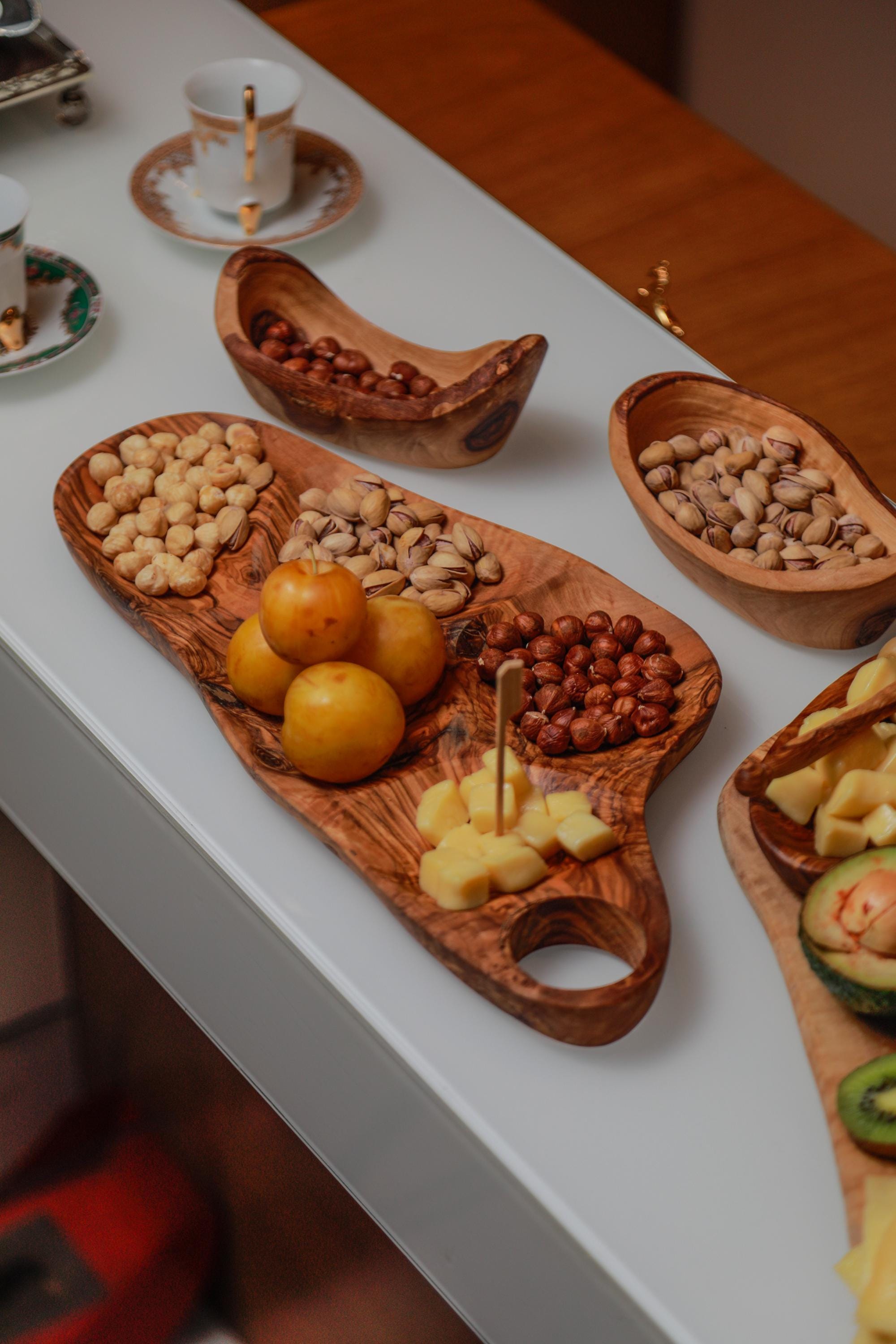 Olive Wood 4 Section Appetizer Tray for Nuts Fruits Snacks Dips Charcuterie | Rustic Handmade Segmented Serving Board for USA Kitchens - Thumbnail 2