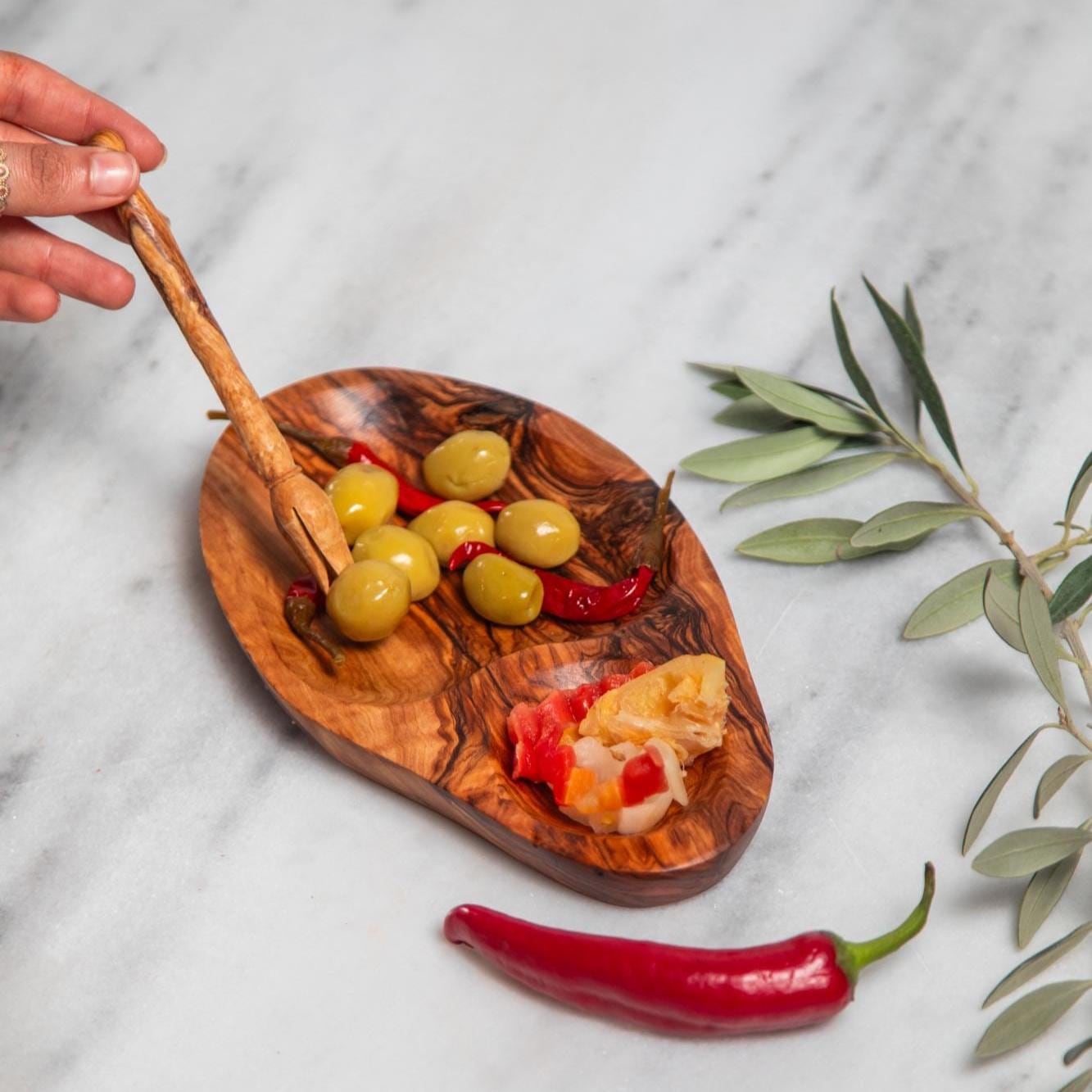 Olive Wood Snack Tray – Handcrafted Artisan Dish with Fork Set - Thumbnail 2