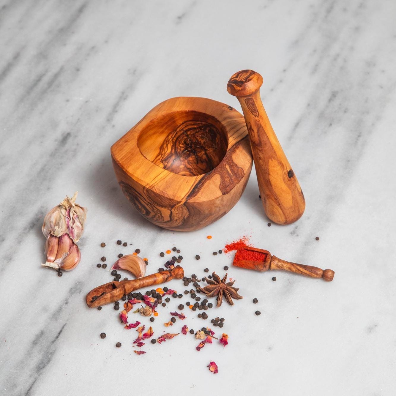 Rustic mortar Olive Wood Mortar and Pestle Set| Wooden Herb Grinder for Spices & Guacamole| Mortar Pestle Set| Farmhouse Kitchen Decor - Thumbnail 2