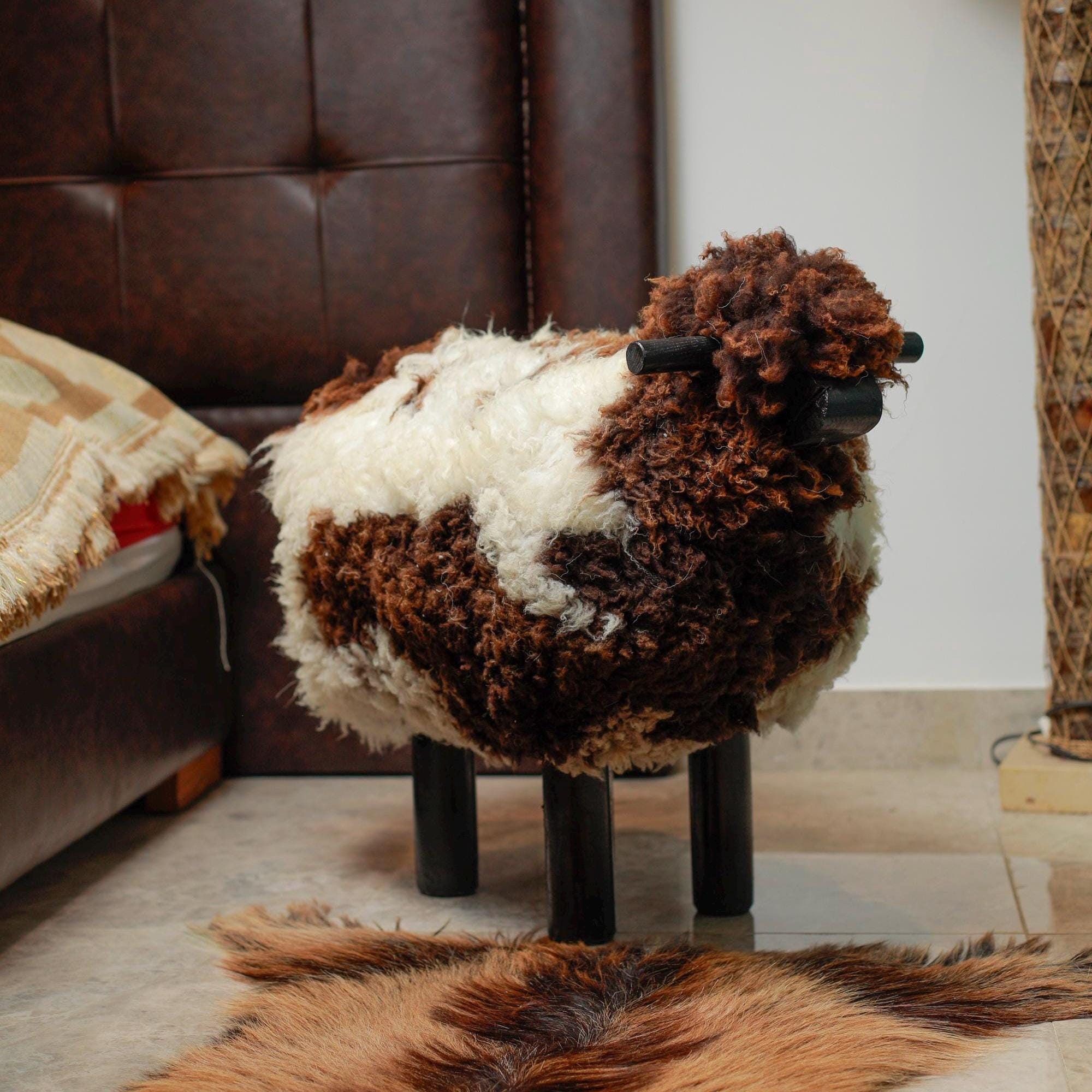 Handmade Sheep Stool: Wooden & Sheepskin Decorative Chair - Thumbnail 2