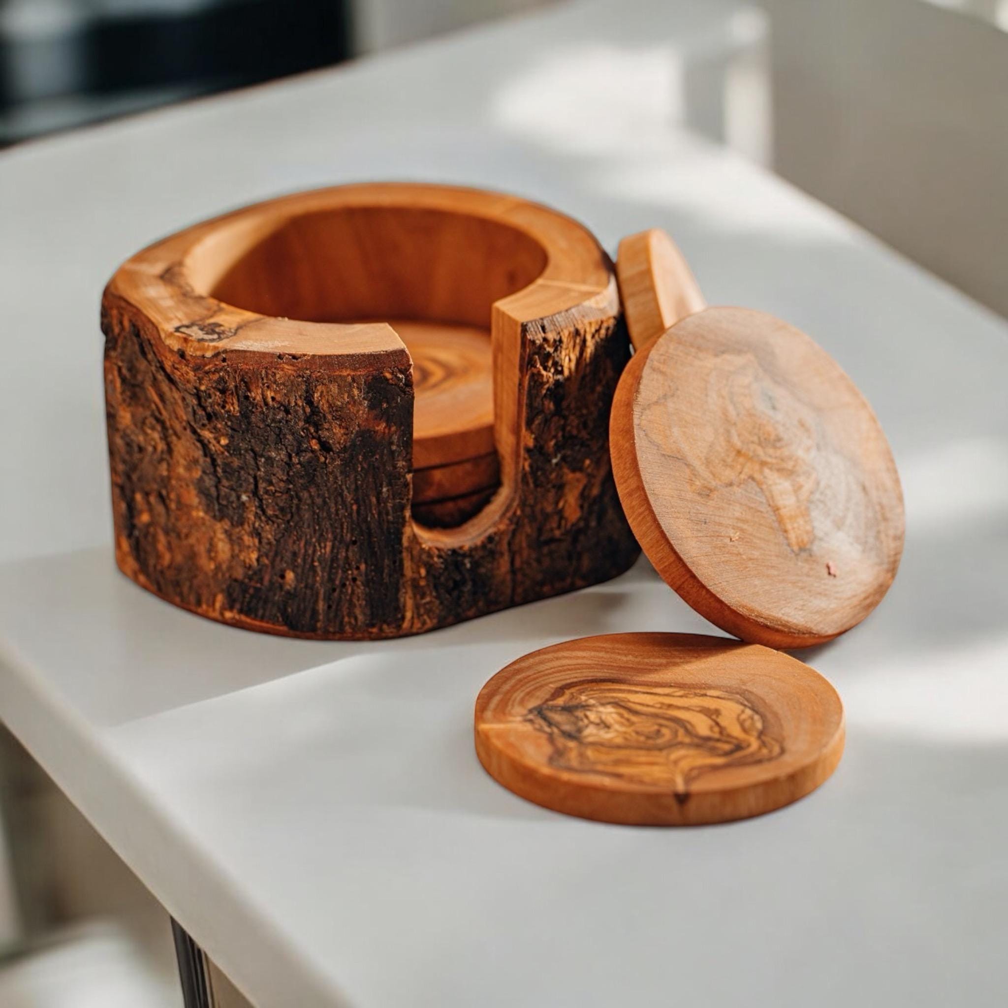 Coasters Set | Handmade with Olive Wood | Unique Rustic Wooden Coasters |Natural Coaster Set | handcrafted kitchenware |Set Of 6 Coasters - Image 1