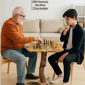 Handcrafted Olive Wooden Chess Table Set - Luxury Artisan Games Board with Carved Pieces - Unique Gaming Table Gift for Chess Lovers