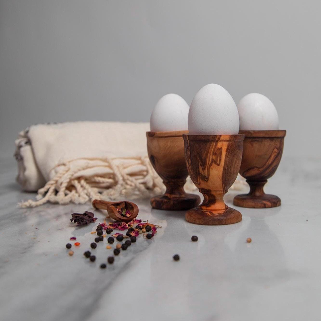 Set of 3 Olive Wood Egg Cups – Handmade Natural Egg Holders, Rustic Kitchen & Breakfast Tableware