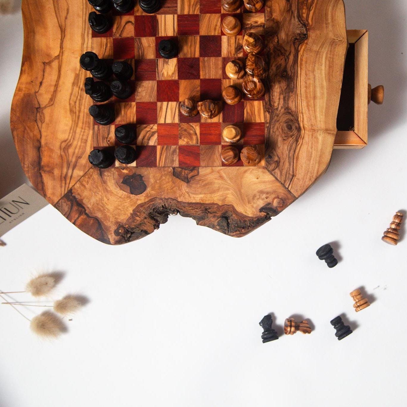 Premium Olive Wood Chess Board with Storage & Pieces | Unique Home Decor - Thumbnail 6