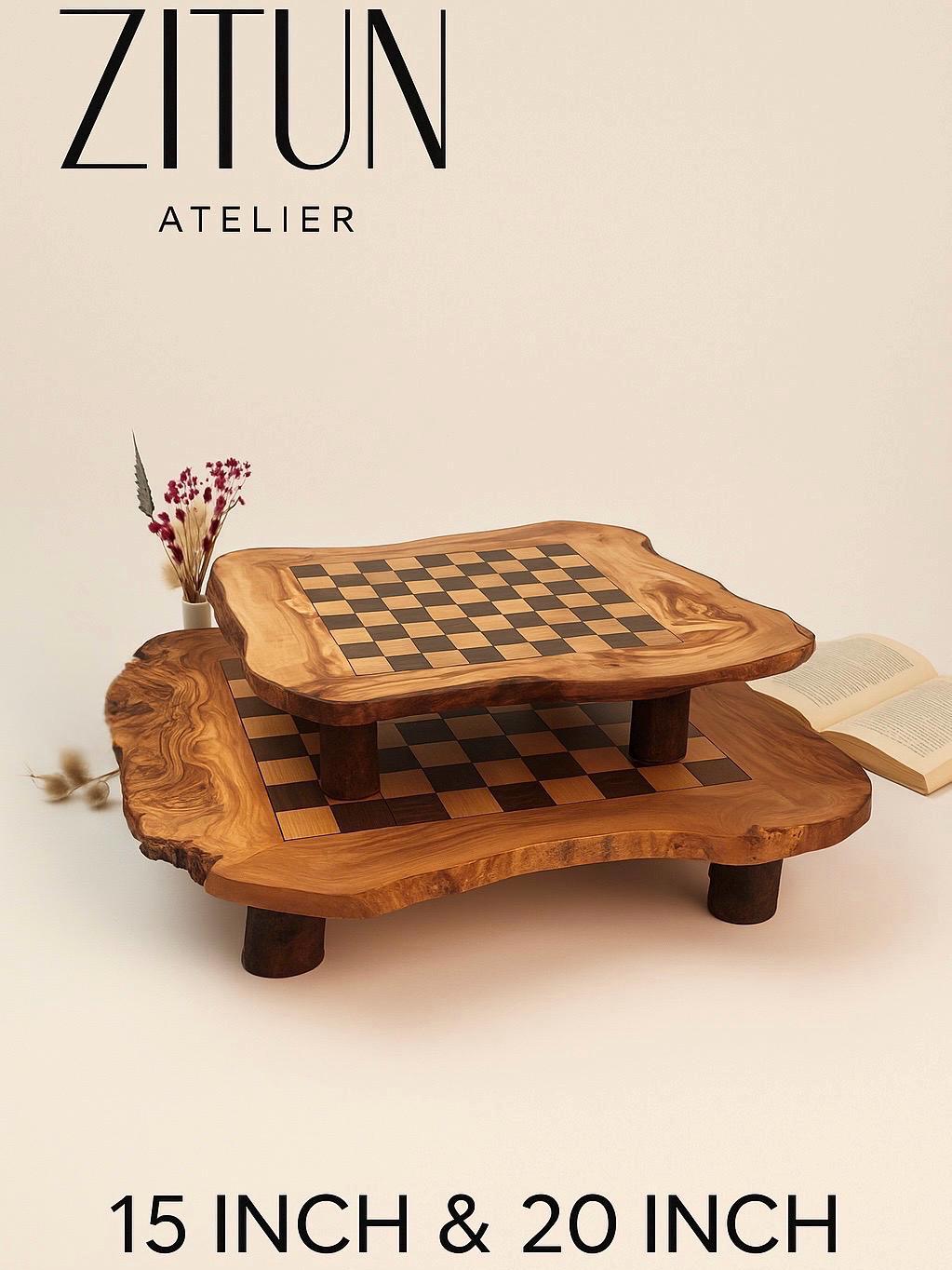 Handmade Olive Wood Chess Set: Rustic Board Game with Riser - Thumbnail 4