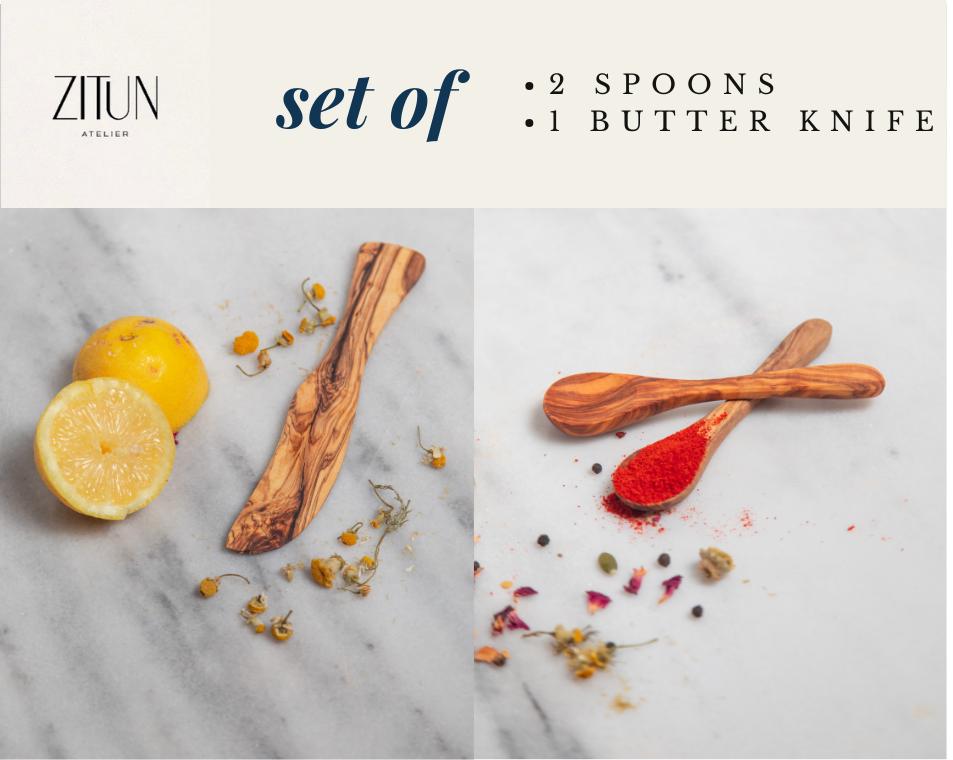 Set of 2 Olive Wood Spoons & 1 Knife – Handmade Rustic Utensils, Natural Eco-Friendly Cutlery - Thumbnail 2